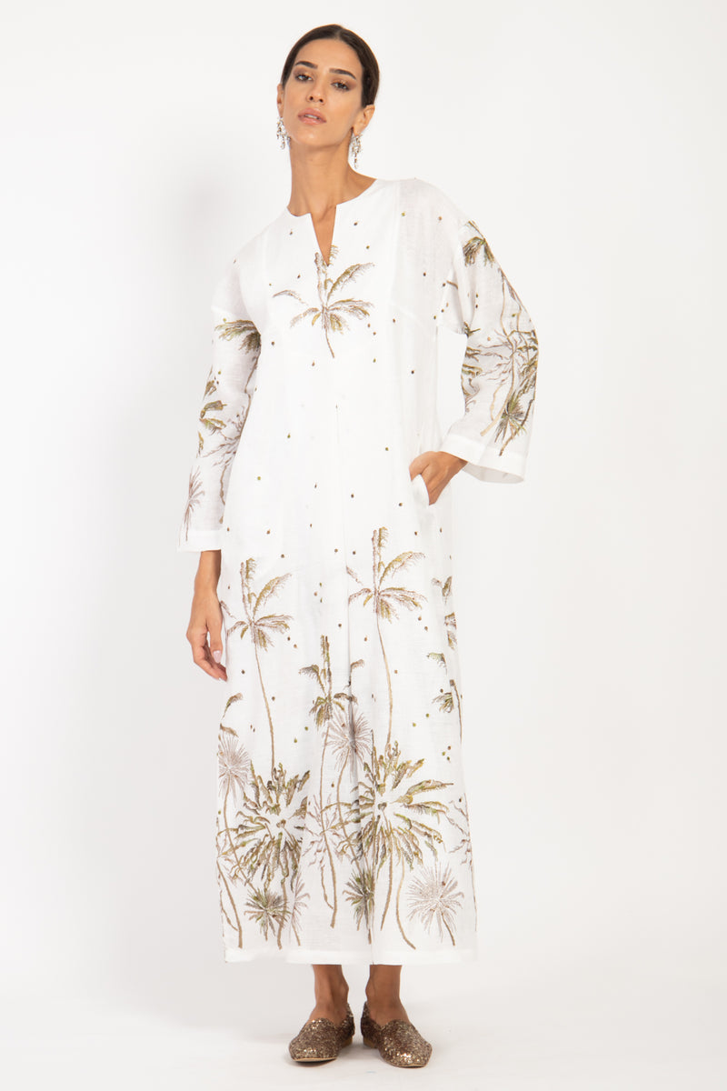 Shirine Linen Embroidered White Palms Kaftan