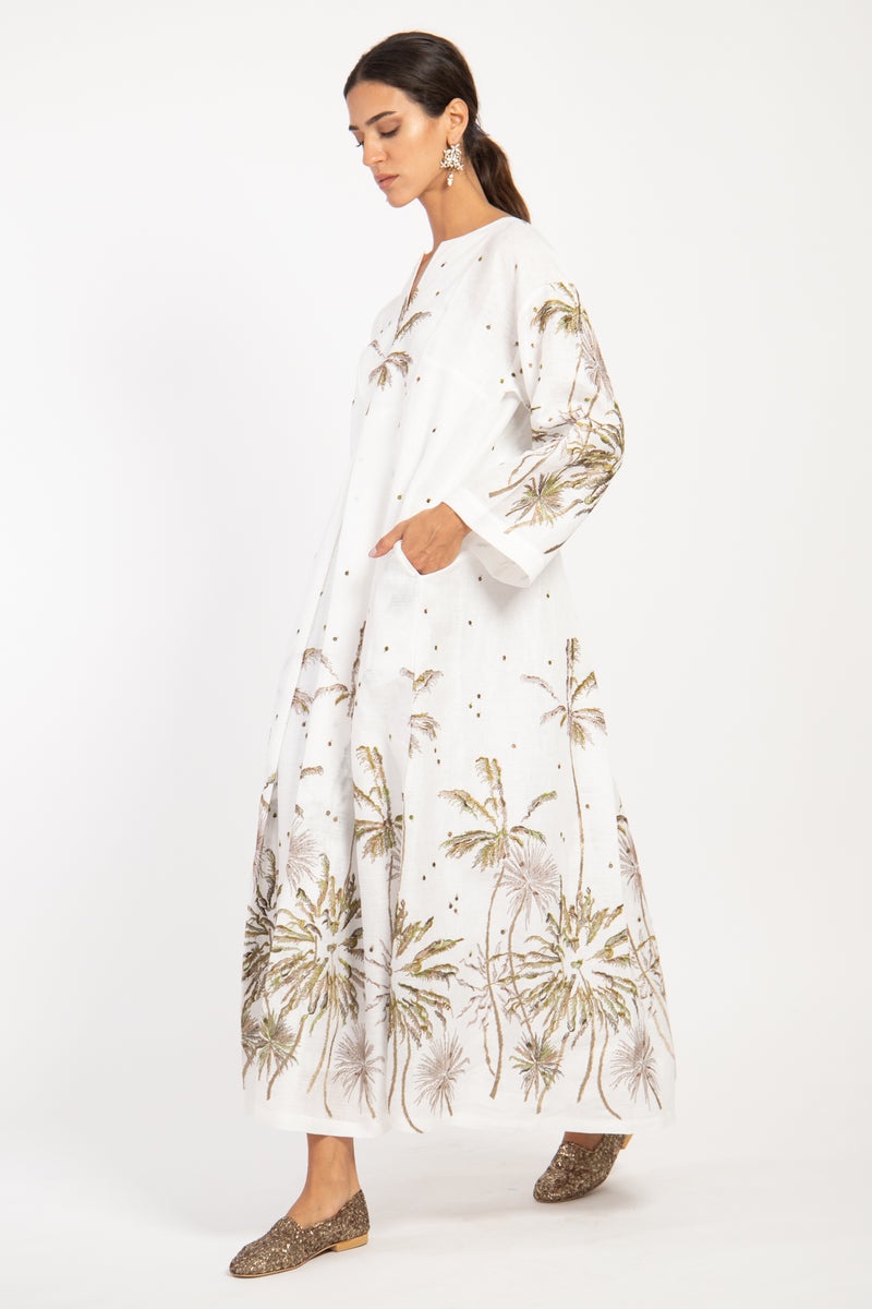 Shirine Linen Embroidered White Palms Kaftan