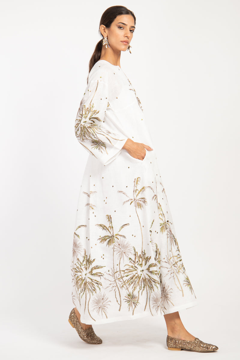 Shirine Linen Embroidered White Palms Kaftan