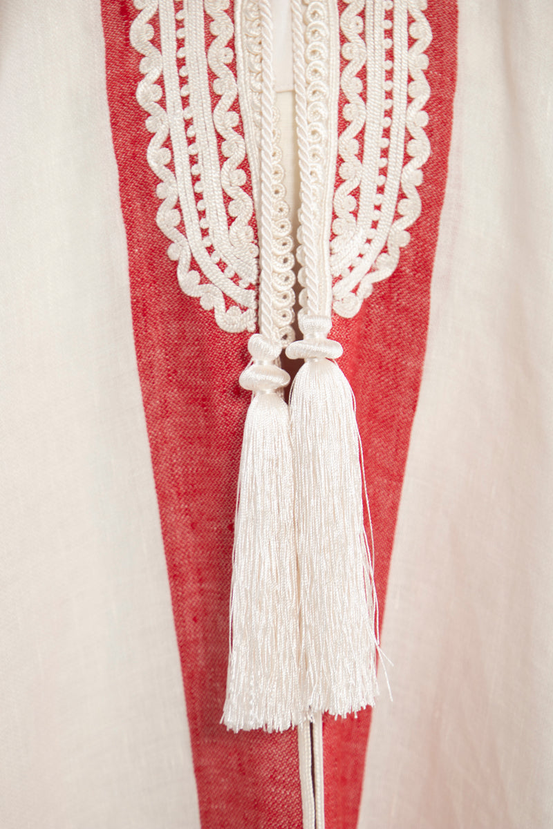 Linen Red on White Abaya