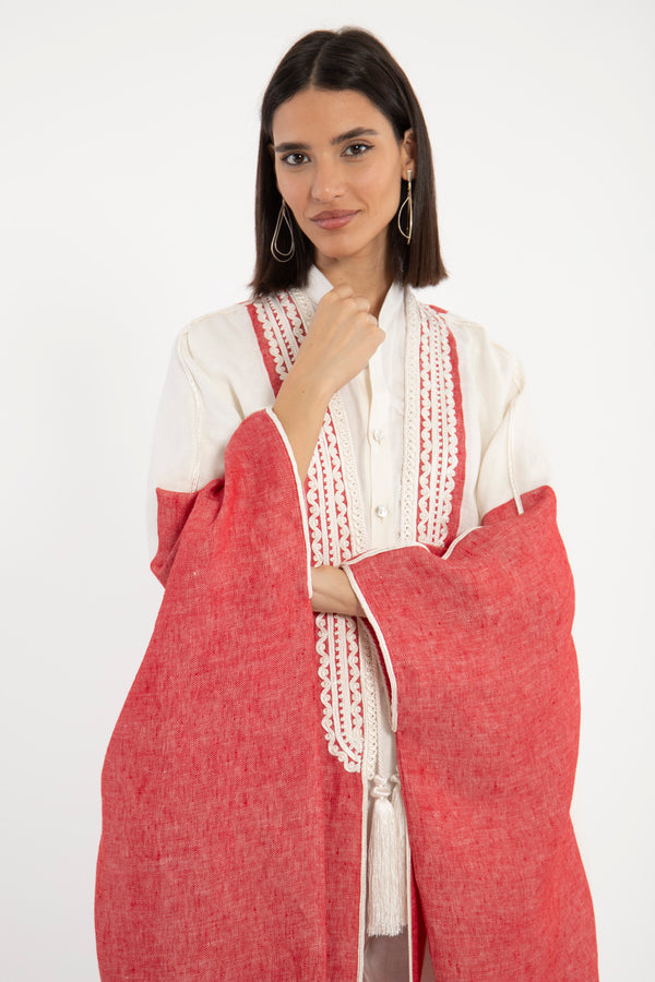 Linen Red on White Abaya
