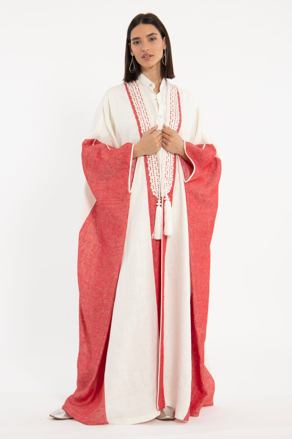 Linen Red on White Abaya
