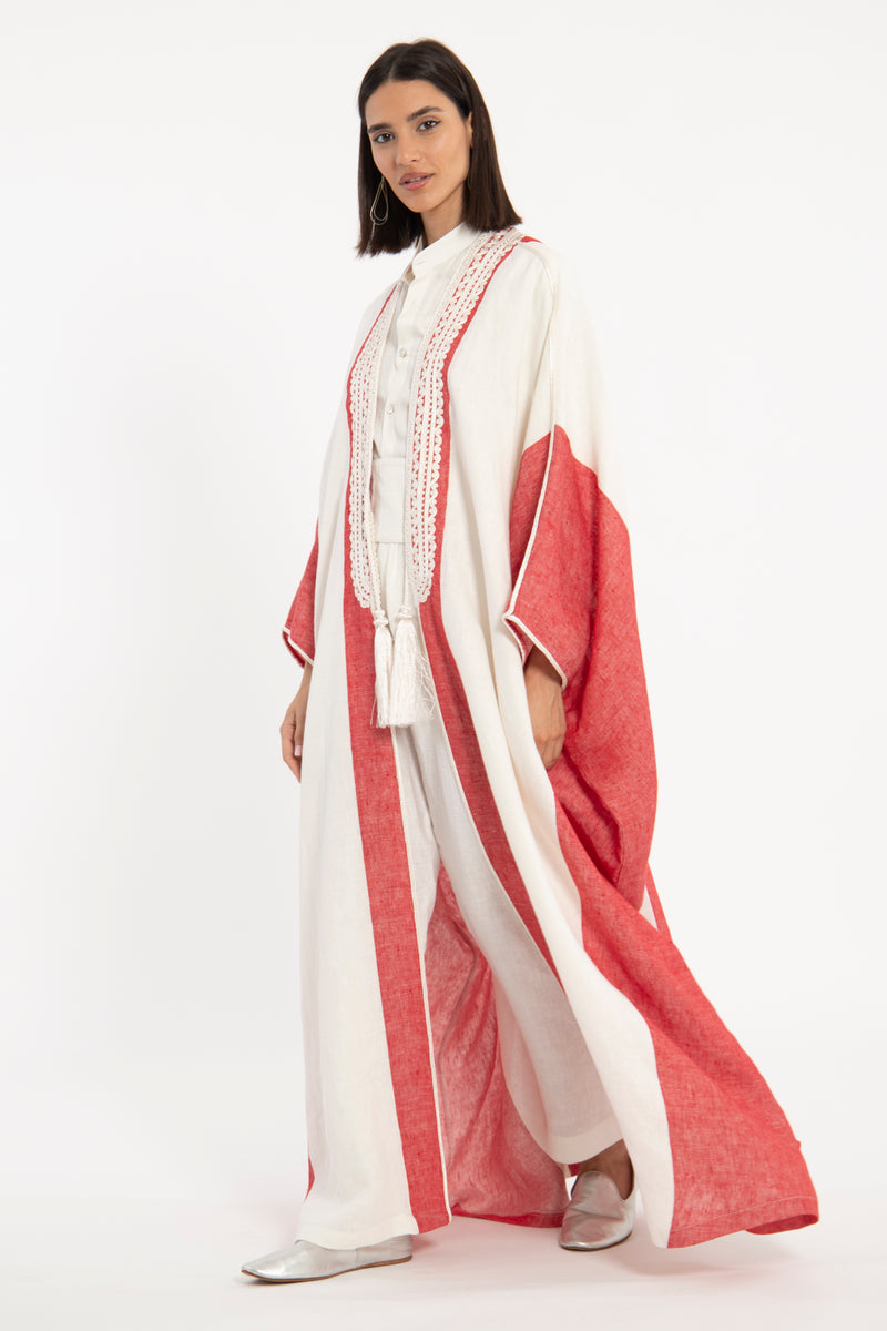 Linen Red on White Abaya