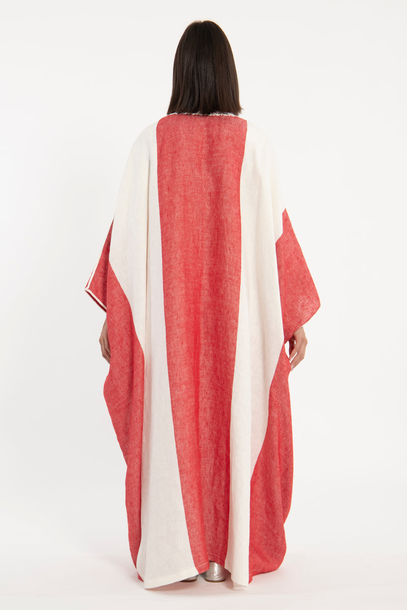 Linen Red on White Abaya
