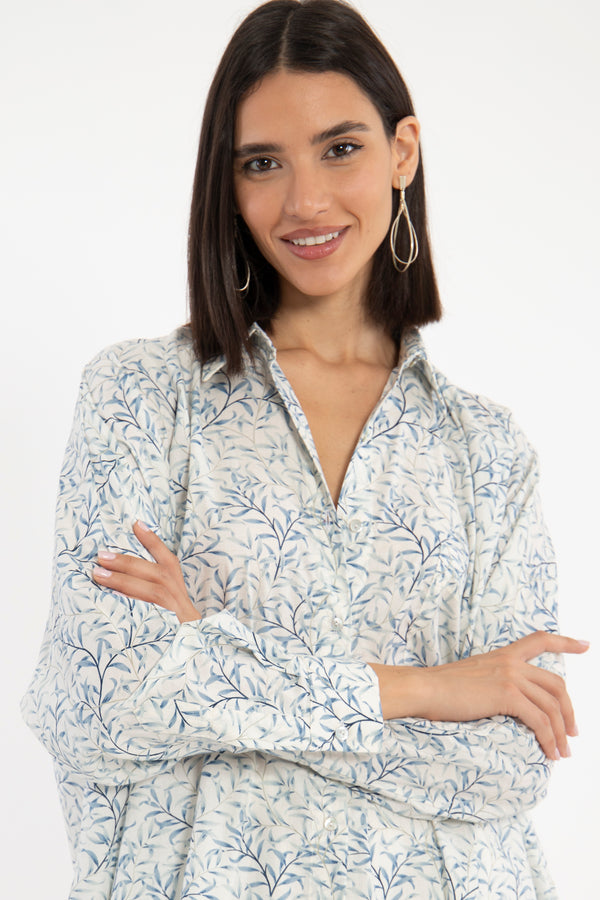 Azza Cotton Blue Leaves Shirt