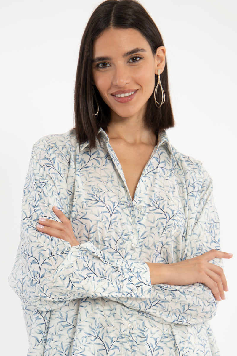 Azza Cotton Blue Leaves Shirt