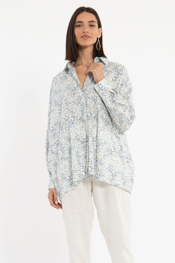 Azza Cotton Blue Leaves Shirt