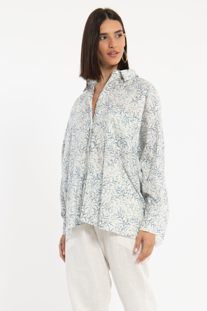Azza Cotton Blue Leaves Shirt