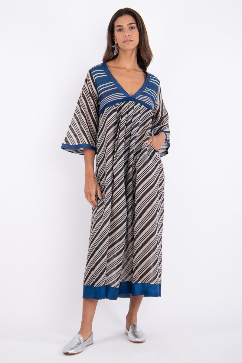 Aida Silk Striped Blue and Black Dress