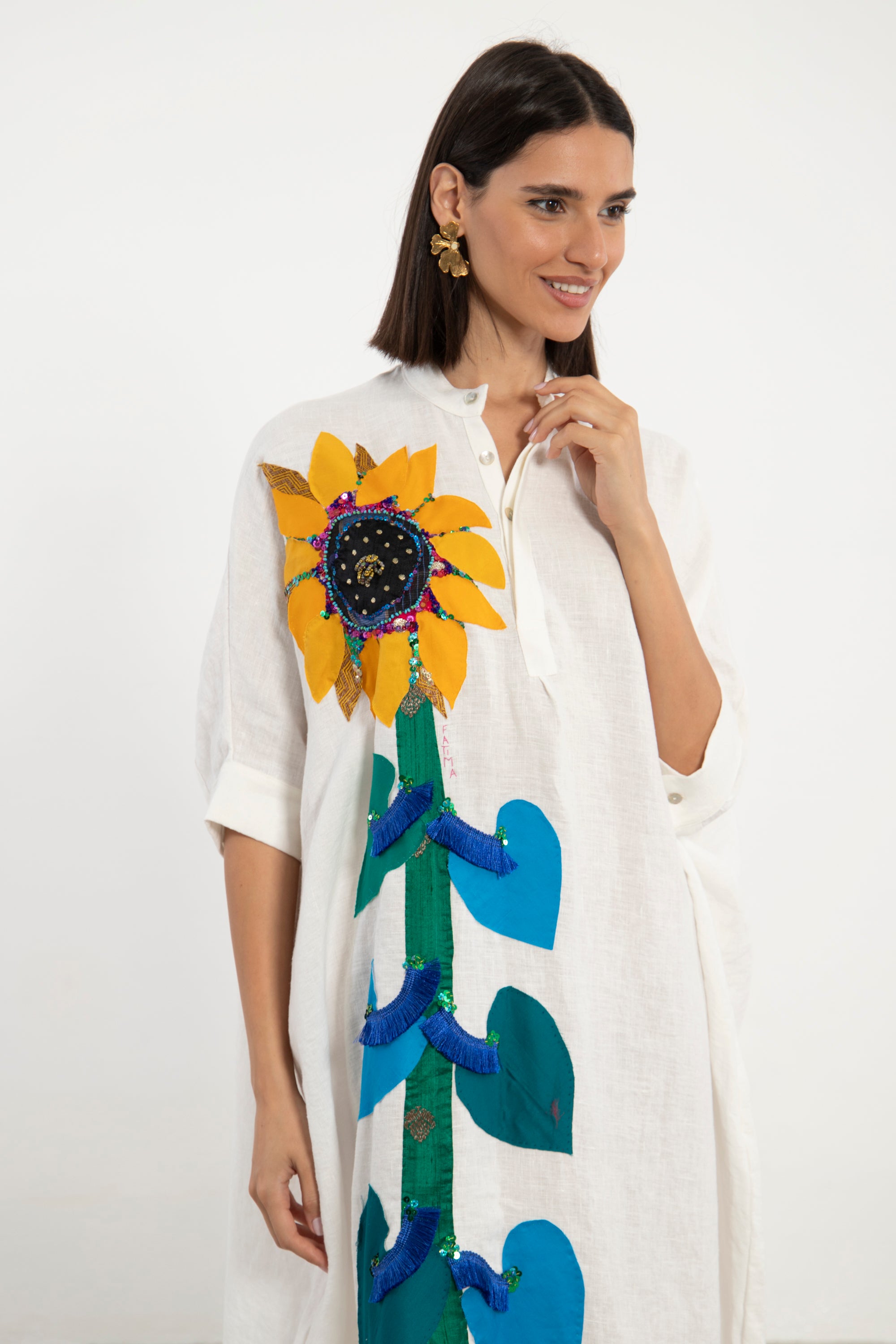 knee length dresses for ladies One-of-a-Kind Helen Sunflower Linen Dress