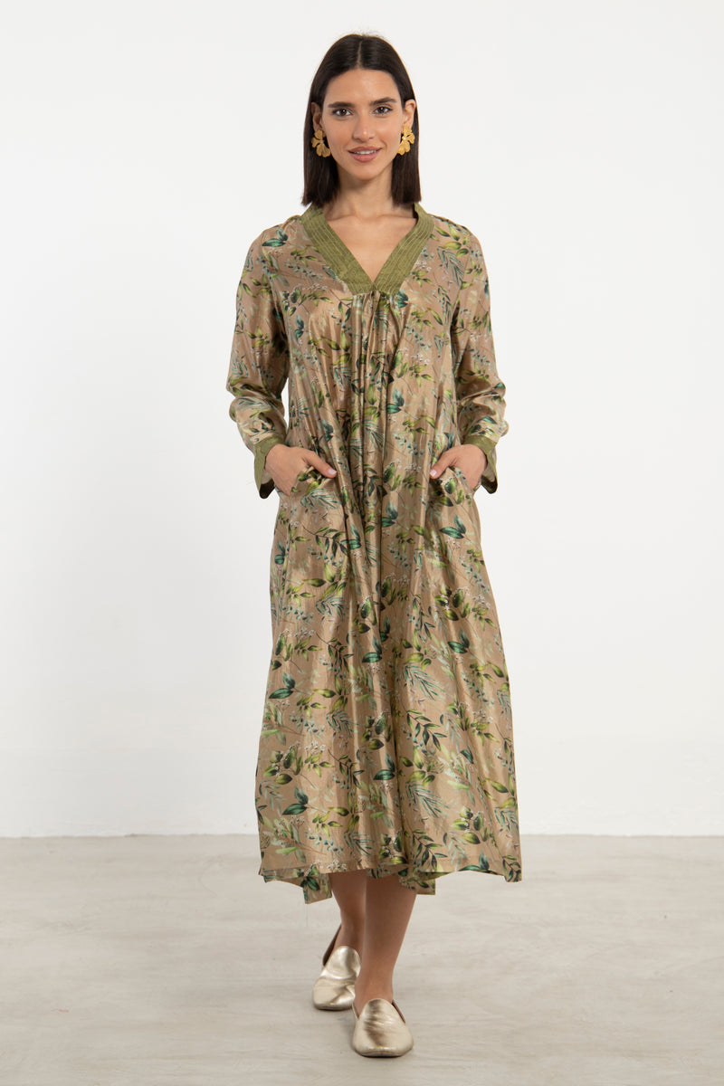 Jamila Printed Silk Green Floral Dress