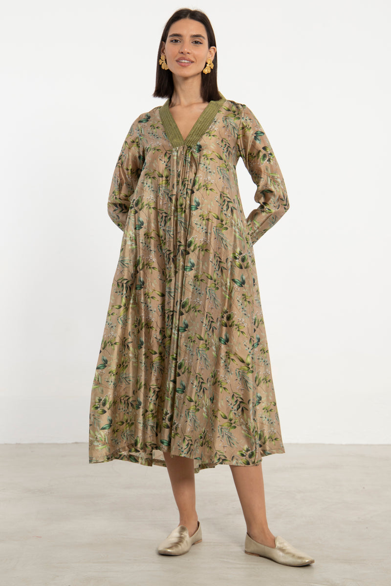 Jamila Printed Silk Green Floral Dress