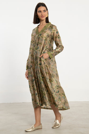 Jamila Printed Silk Green Floral Dress