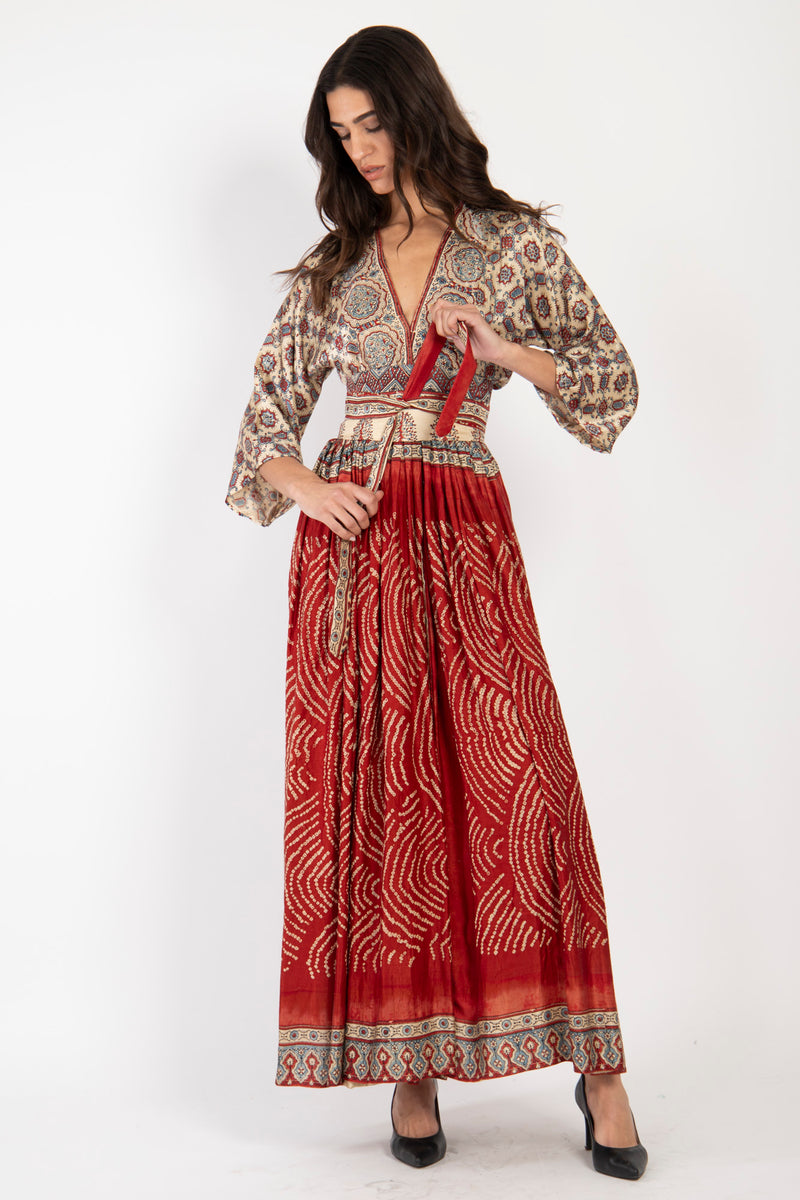 One-Of-A-Kind Sharifa Silk Red Waves Dress