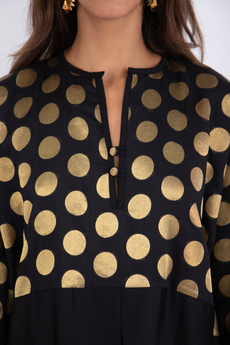 Noujoud Cotton Black & Gold Dots Dress