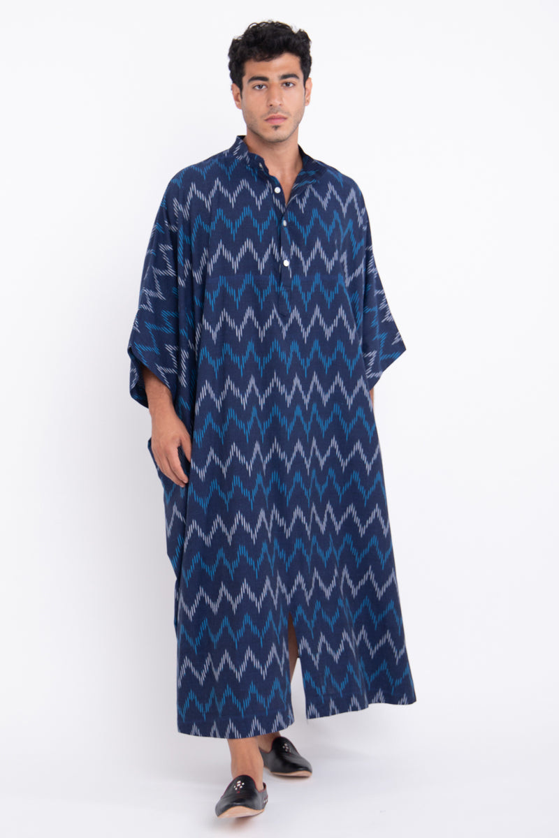 Fahed Buttoned Cotton Zigzag Blue Jellaba