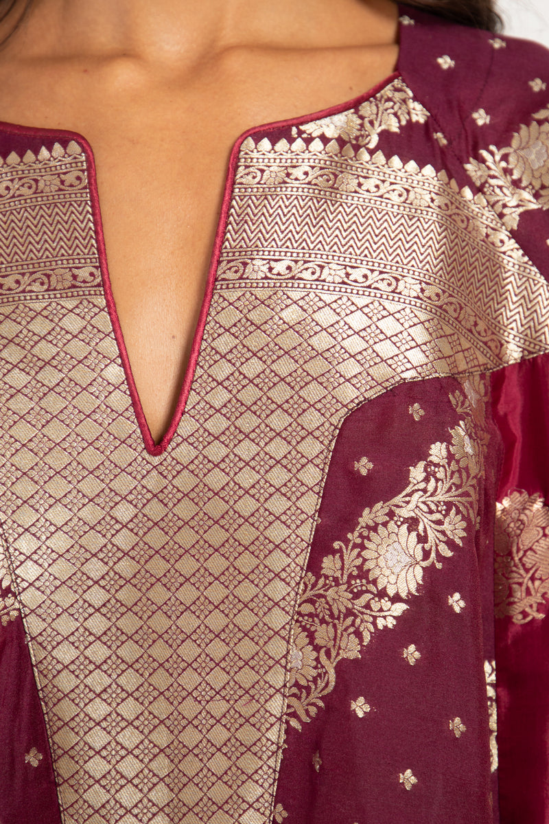 One-Of-A-Kind Rania Silk Brocade Burgundy Dress