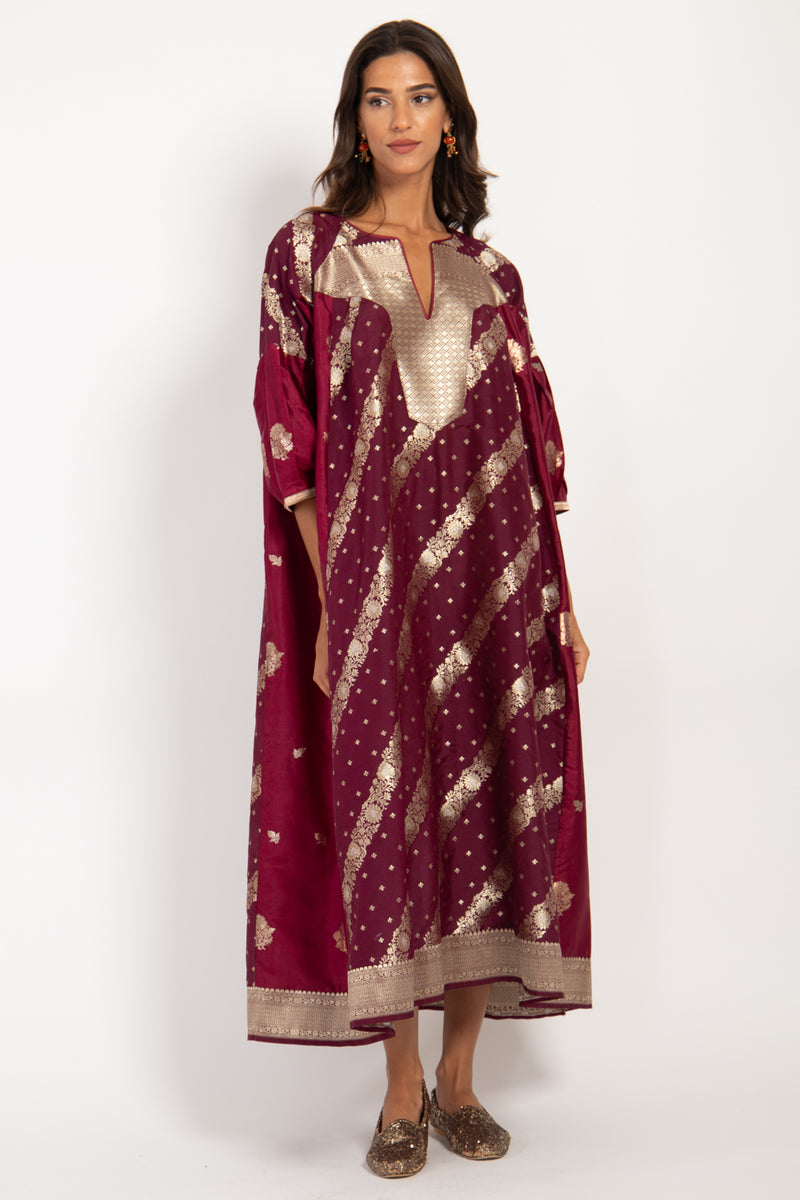 One-Of-A-Kind Rania Silk Brocade Burgundy Dress