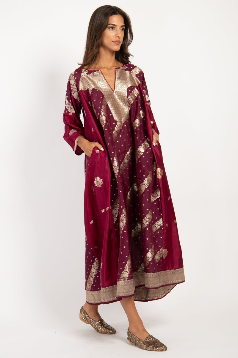 One-Of-A-Kind Rania Silk Brocade Burgundy Dress