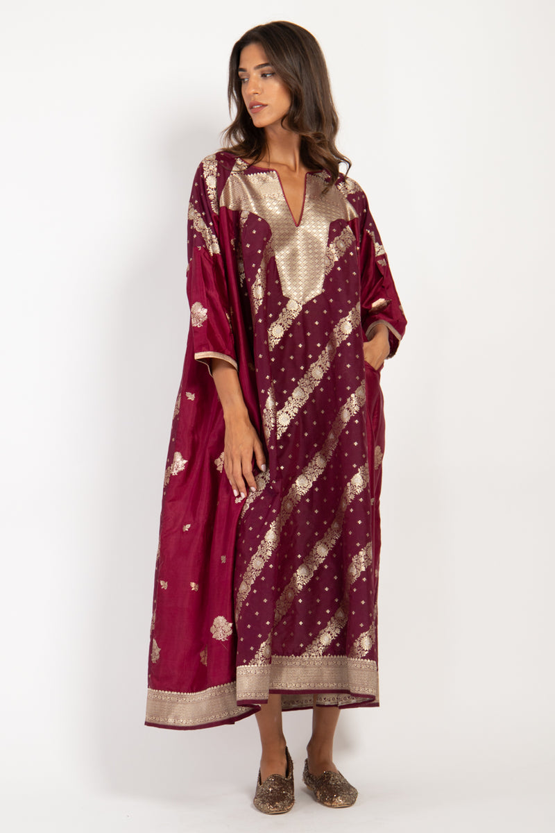 One-Of-A-Kind Rania Silk Brocade Burgundy Dress