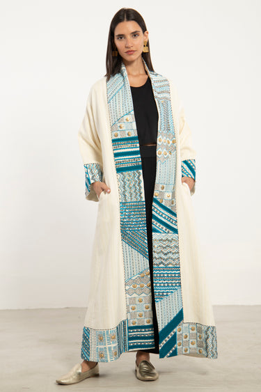Ramziya Linen Hand Embroidered Turquoise Coat