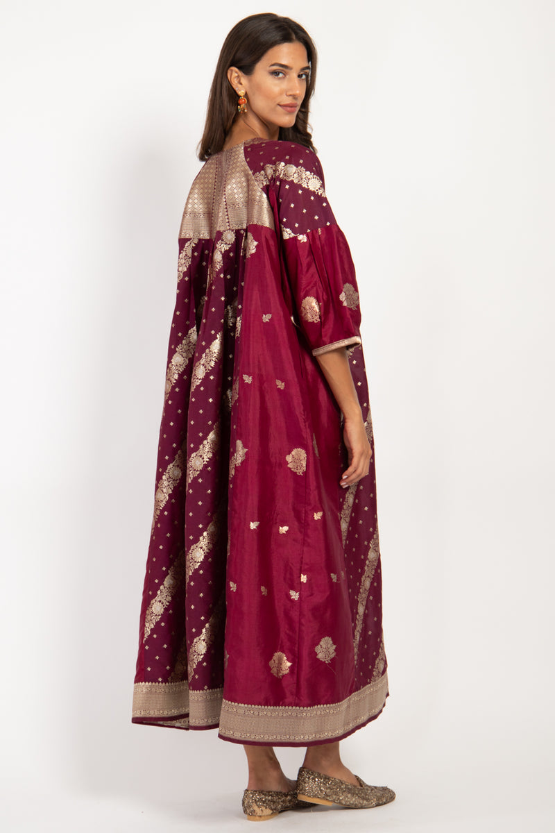 One-Of-A-Kind Rania Silk Brocade Burgundy Dress