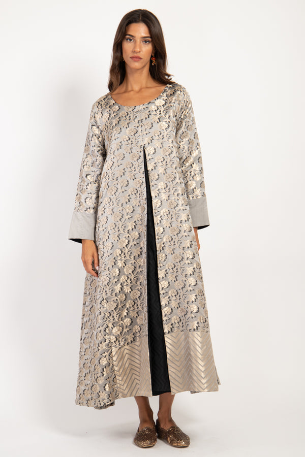 One-Of-A-Kind Souraya Handwoven Silk Brocade Silver Dress