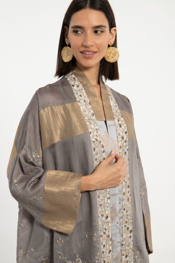 Khalida Cotton Silk Grey & Gold Abaya