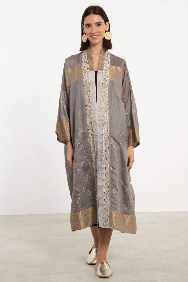 Khalida Cotton Silk Grey & Gold Abaya