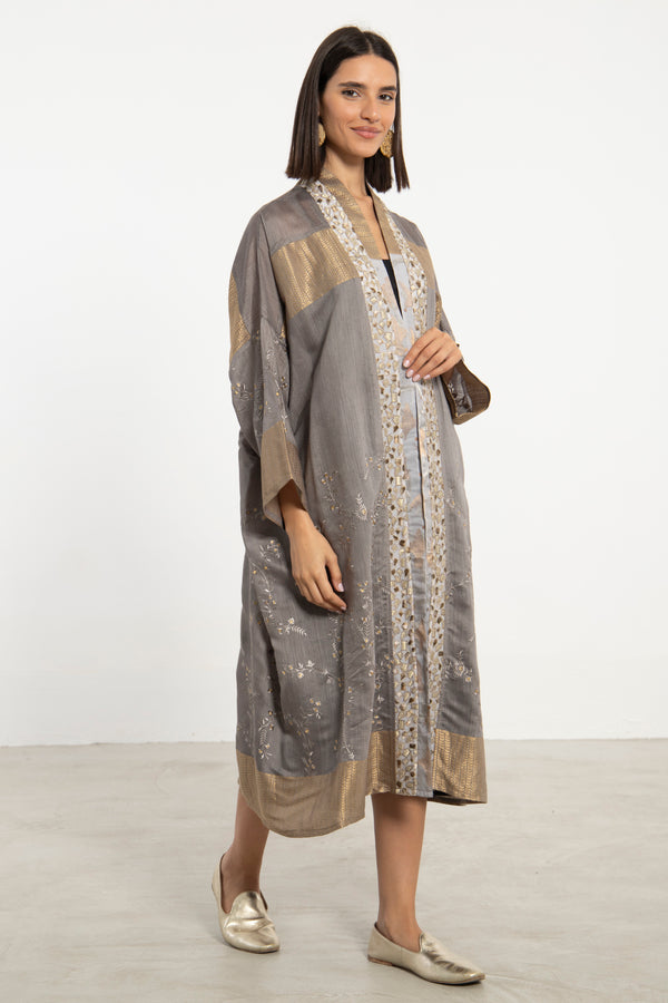 Khalida Cotton Silk Grey & Gold Abaya