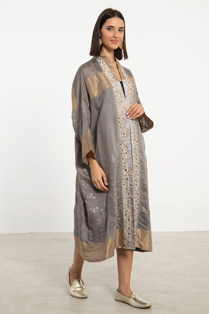 Khalida Cotton Silk Grey & Gold Abaya