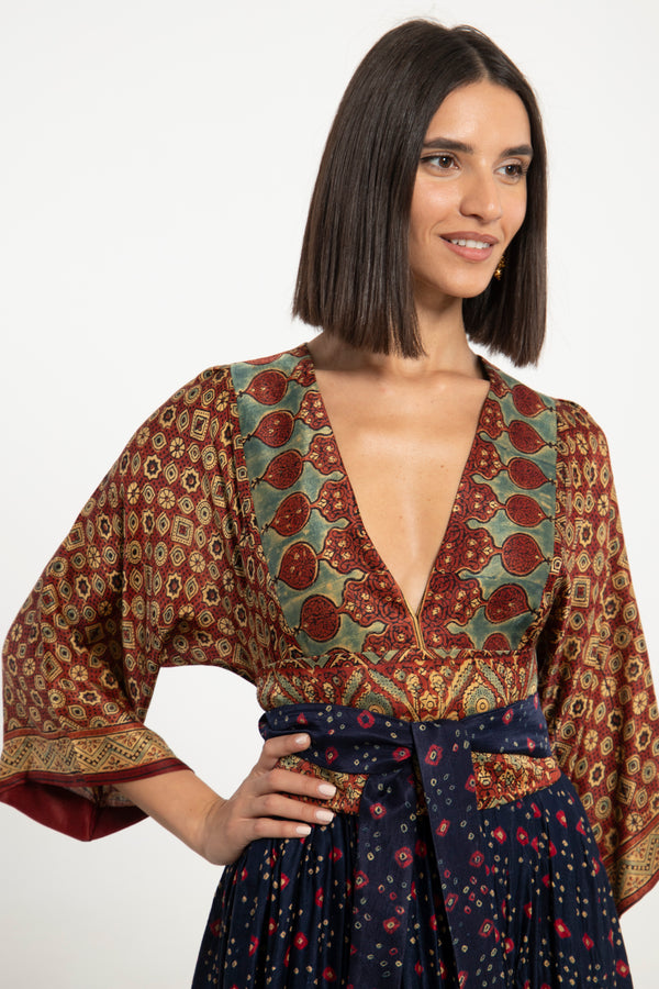 One-Of-a-Kind Sharifa Silk Navy & Burgundy Dress