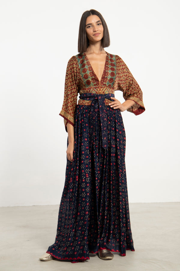 One-Of-a-Kind Sharifa Silk Navy & Burgundy Dress