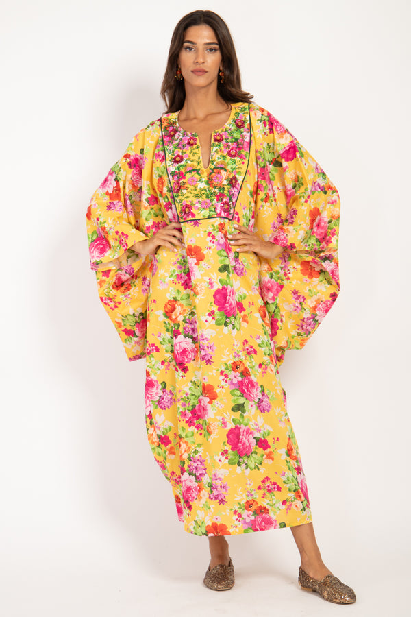 Kawthar Cotton Bright Yellow Embroidered Dress