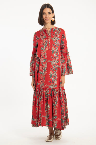May Cotton Satin Red Floral Dress