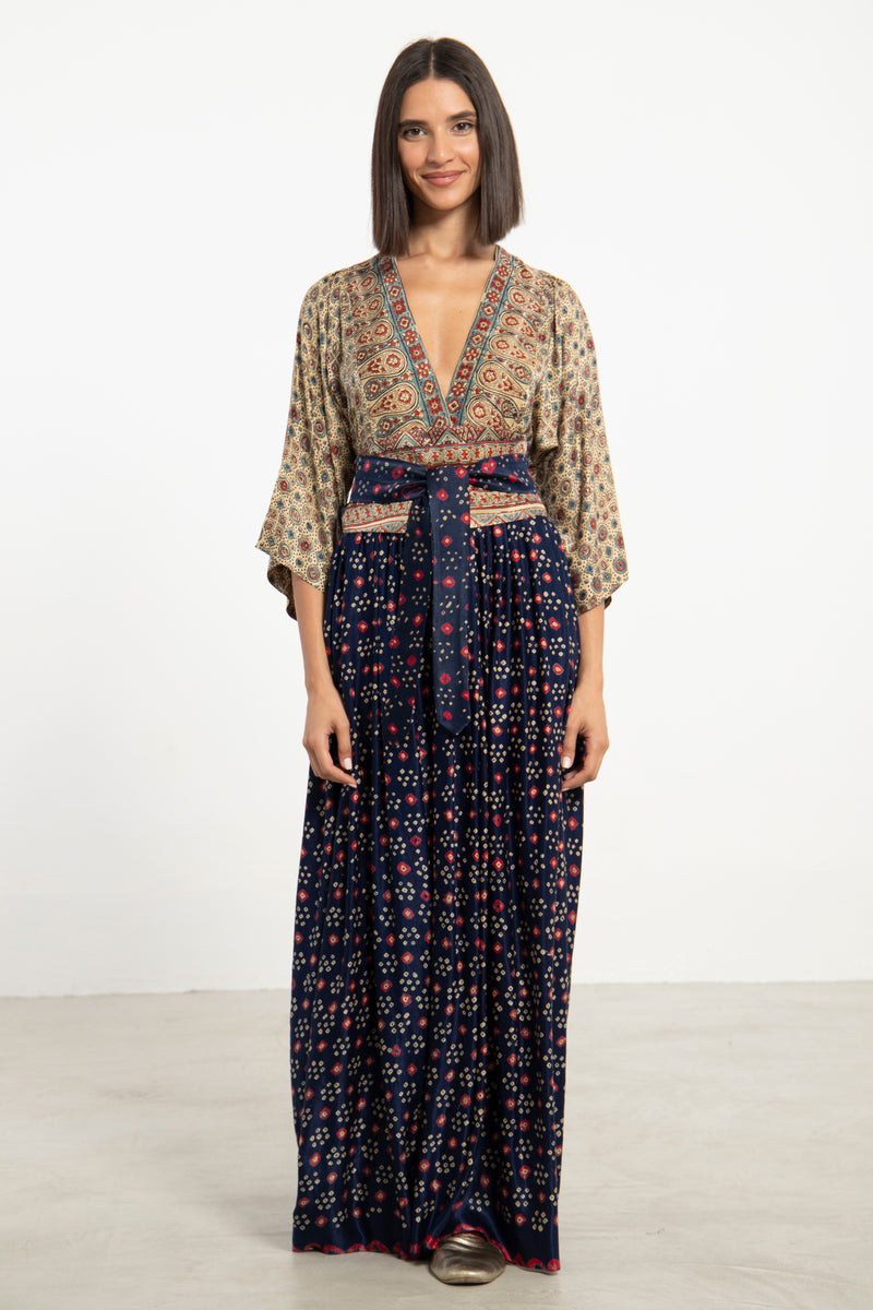 One-Of-a-Kind Sharifa Silk Navy & Beige Dress