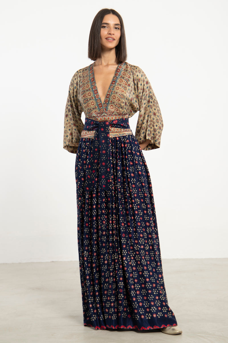 One-Of-a-Kind Sharifa Silk Navy & Beige Dress