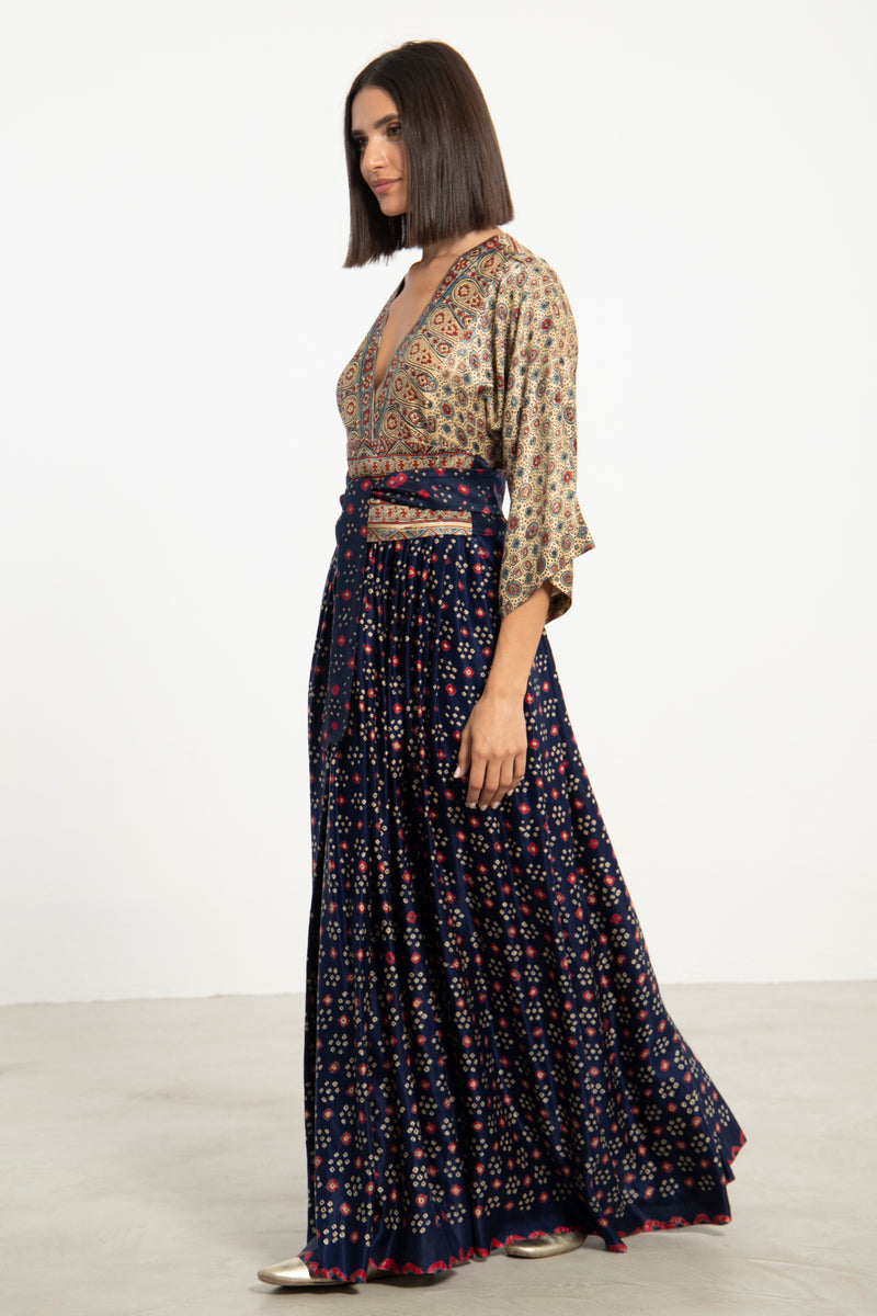 One-Of-a-Kind Sharifa Silk Navy & Beige Dress