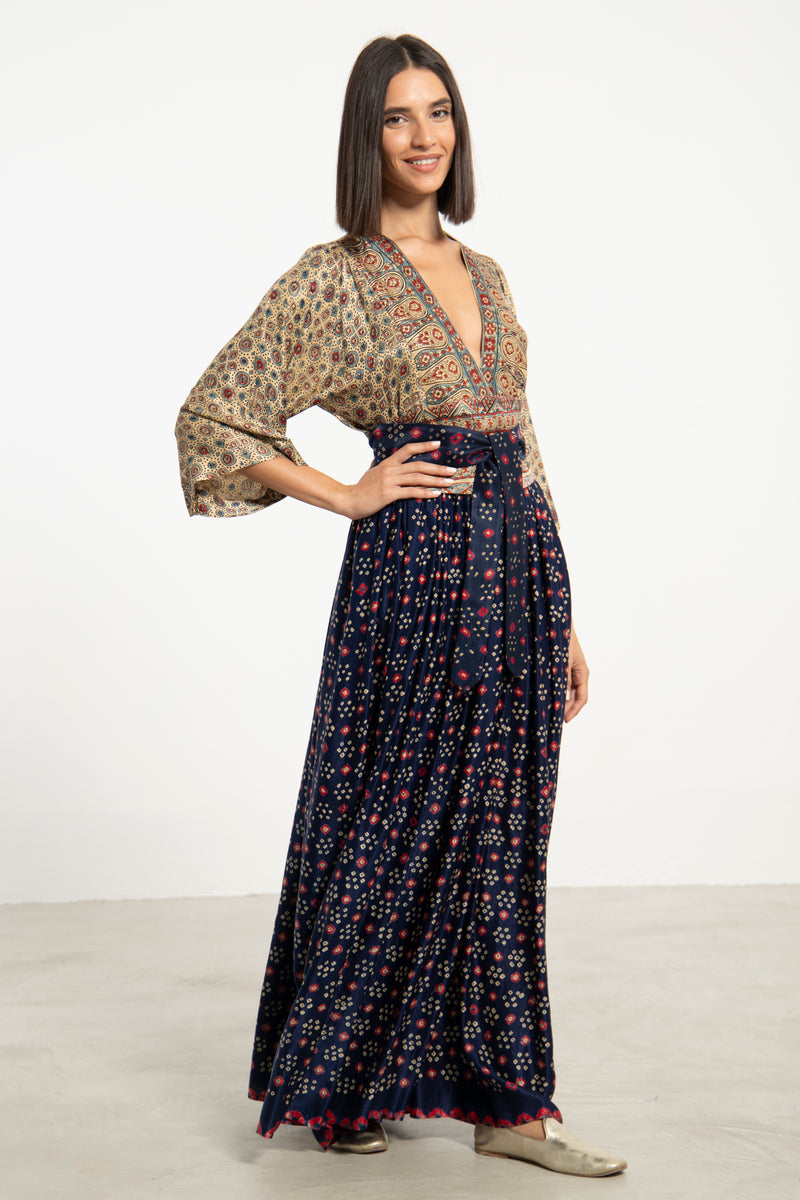 One-Of-a-Kind Sharifa Silk Navy & Beige Dress