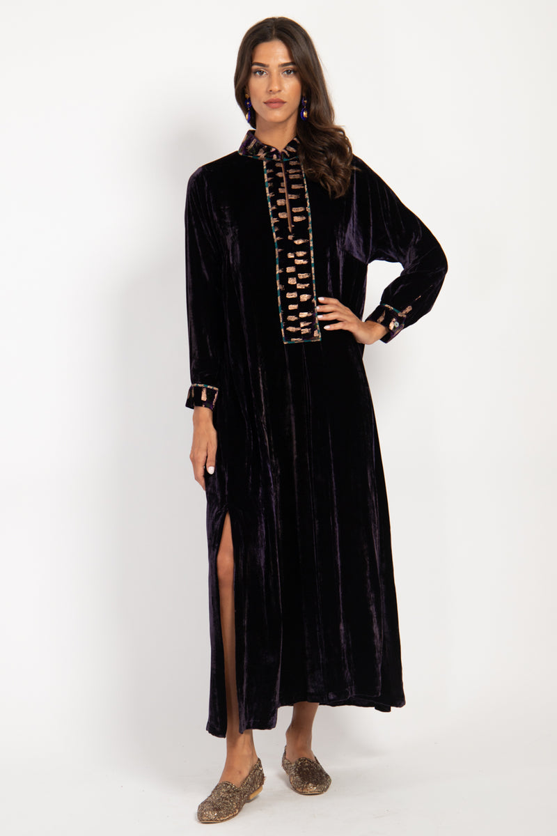 Safiya Velvet Black Purple & Gold Dress