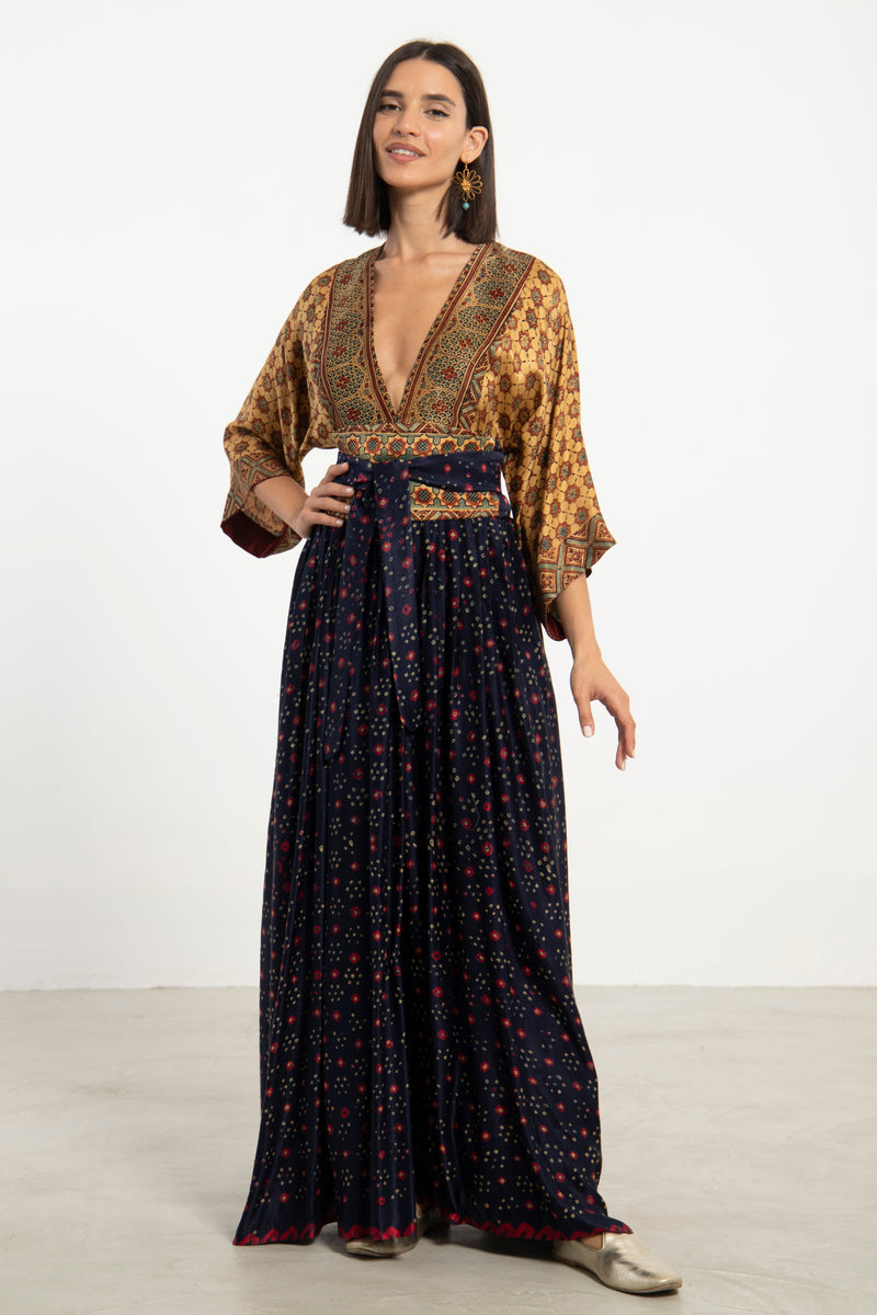 One-Of-a-Kind Sharifa Silk Navy & Ochre Dress