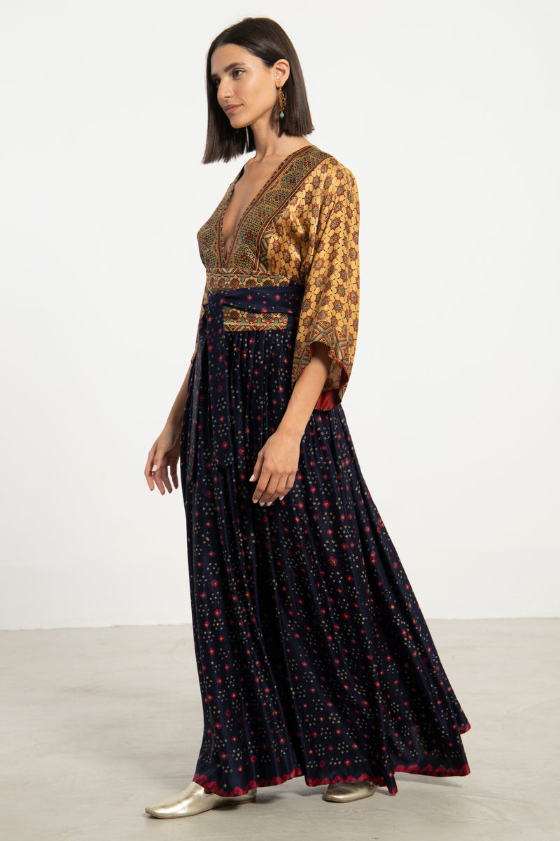 One-Of-a-Kind Sharifa Silk Navy & Ochre Dress