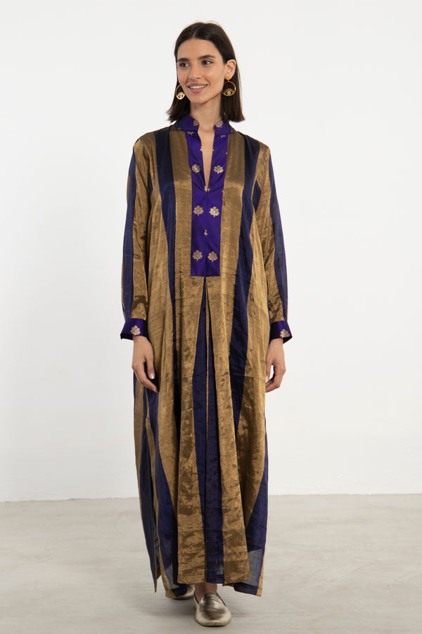 Safiya Silk Metallic Gold & Navy Jellaba