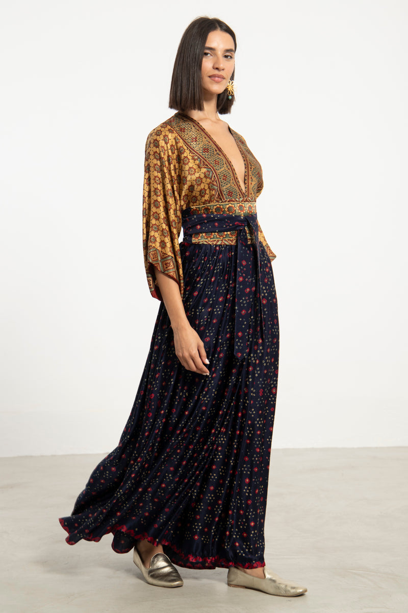 One-Of-a-Kind Sharifa Silk Navy & Ochre Dress