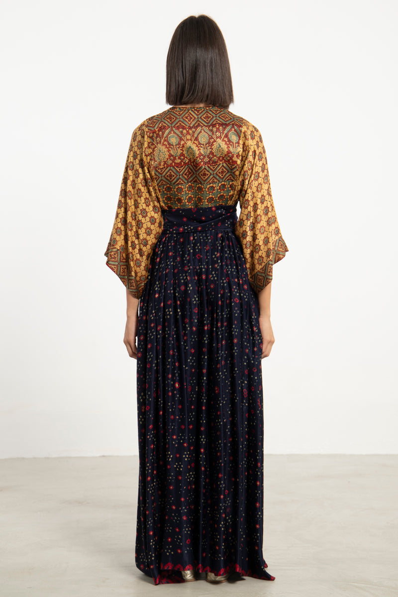 One-Of-a-Kind Sharifa Silk Navy & Ochre Dress