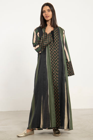 Rim Cotton Linen & Silk Brocade Green Abaya