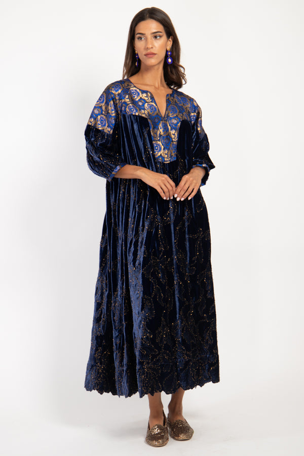 Rania Velvet Royal Blue Gold Dots Dress