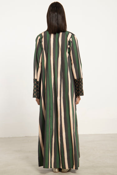 Rim Cotton Linen & Silk Brocade Green Abaya