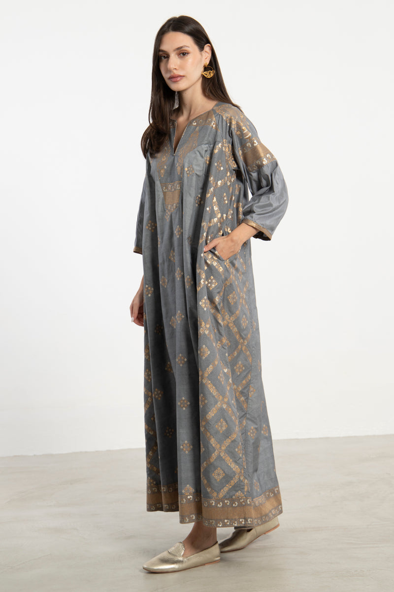 One-Of-A-Kind Rania Grey & Gold Dress