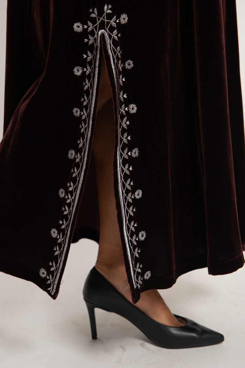 Hayat Velvet Embroidered Brown & Silver Dress